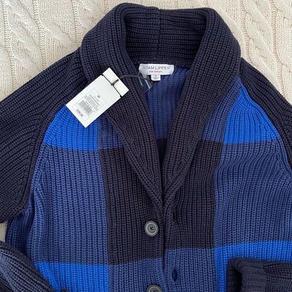 Adam Lippes Shawl Collar Plaid Cardigan in Blue Buffalo - Picture 7 of 10